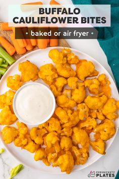 buffalo cauliflower bites on a plate with ranch dip