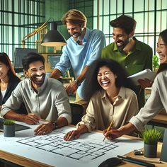 a group of people sitting around a table with a computer on it and one man smiling at the camera