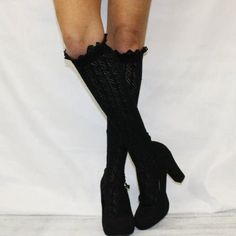 LOLITA lace tall knee high boot socks - black Add a touch of elegance to your wardrobe with these exquisite LOLITA black lace tall crochet knee socks, perfect for bringing out the feminine charm and beauty of any ensemble. The soft and stretchy sock fabric offers a comfortable fit for all day wear, while the unique design brings a touch of sophistication to any look. Feel like a star wearing our latest black lace top knee high socks, to reveal your inner fashionista. will stretch to 17" where la Lacy Socks, Black Crochet Lace Top, Lace Boot Socks, Lace Ankle Socks, Pretty Socks, Crochet Lace Top, Crochet Socks, Lace Socks, Women Socks