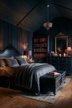 a bed sitting in a bedroom next to a dresser and bookcase filled with books