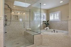 a bathroom with a walk in shower next to a bath tub