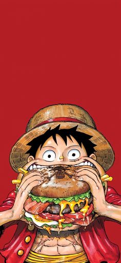 an image of a cartoon character eating a giant hamburger while wearing a red jacket and hat