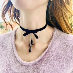 Gorgeous handmade adjustable black velvet choker necklace with silver chain teardrop pendant details. Each piece is made by Galactic Bohemian with love.  Perfect gift for the holidays! Black Velvet Choker Necklace, Velvet Choker Necklaces, Ribbon Choker, Black Velvet Choker, Bow Necklace, Velvet Choker, Teardrop Pendant, Velvet Bow, Necklace Choker