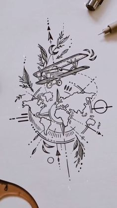 a drawing of an airplane flying around the world with arrows and compasses on it