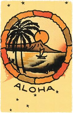 an aloha card with a palm tree and mountains in the background, surrounded by stars