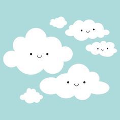 some clouds are flying in the sky with smiling faces