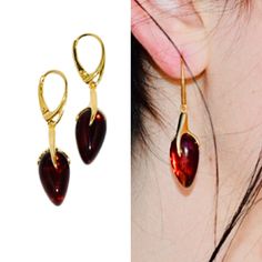 Elegant dangle earrings handcrafted of 925 sterling silver covered 14ct. gold and natural Baltic amber.Fabulous cherry amber stone (like drop of red wine) fitted in simple gold setting.This amazing jewellery suitable for everyday and evening wear.Amber stone created by nature over 25 millions years ego, amber attracts good luck, balances emotions, dissolves negative energy. In my shop you can find the same pendant and make set: ( https://www.etsy.com/Yoursjewelryforlove/listing/947770036 ). Care Casual Rings, Amber Earrings, Amber Ring, Natural Amber, Everyday Rings, Amber Stone, Amber Jewelry, Baltic Amber, Everyday Jewelry