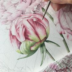 a person is drawing flowers on paper with a pencil and watercolor pen in their hand