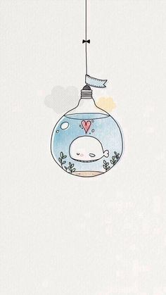 a drawing of a fish in a bowl hanging from a string with a heart on it