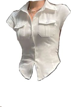 Collared Slim Fit Tops With Pockets, Slim Fit Collared Top With Pockets, White Collared Blouse With Pockets, Slim Fit Solid Top With Pockets, Fitted White Blouse With Pockets, Fitted Summer Tops With Pockets, Slim Fit Short Sleeve Tops With Pockets, White Button-up Top With Pockets, Slim Fit Collared Blouse For Summer