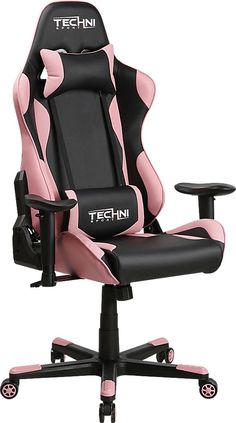 a pink and black gaming chair with the word techin on it