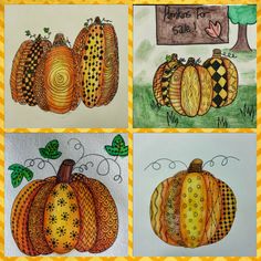 four pictures of pumpkins with different designs on them