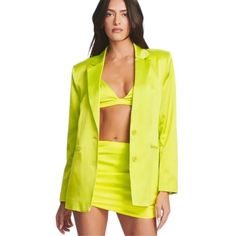 Retrofete Ser.O.Ya Motlee Silk Blazer Neon Lime- Size S New With Tag 100% Silk Made In China Model Is 5'10" Wearing Size S Style No. 2510-19 Size Guide Shown In Last Photo Long Sleeve Satin Blazer For Party, Summer Long Sleeve Blazer For Brunch, Chic Summer Party Outerwear, Fall Party Satin Blazer, Chic Green Blazer For Night Out, Chic Summer Party Blazer, Satin Notch Lapel Outerwear For Party, Notch Lapel Satin Outerwear For Party, Satin Party Outerwear With Notch Lapel