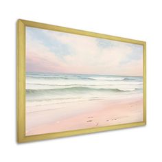 a painting hanging on the wall next to a white wall with an ocean scene in it