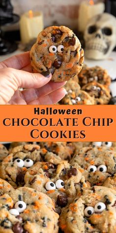 holding a halloween chocolate chip cookies and cookies on a platter. Diy Pumpkin Patch, Free Crochet Pattern Christmas, Halloween Chocolate Chip Cookies, Postres Halloween, Halloween Cookie Recipes, Candy Eyes, Leftover Halloween Candy, Dulces Halloween, Fun Halloween Food