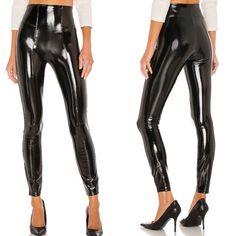 Spanx | Faux Patent Leather Leggings In Classic Black Black High Waist Polyurethane Bottoms, Black Polyurethane High-waisted Bottoms, Black Faux Leather Leggings For Club, Black Faux Leather Club Leggings, Black Polyurethane Bottoms For Club, Sleek Black Polyurethane Bottoms, Fitted High Waist Polyurethane Leather Pants, Sleek Fitted Leggings For Club Wear, Sleek Fitted Leggings For Club