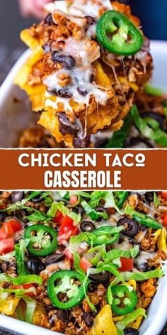 chicken taco casserole in a white dish with green peppers and black olives