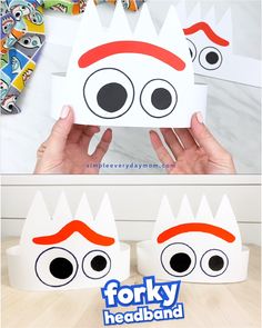 two hands holding up a paper box with eyes on it and the words forky headband