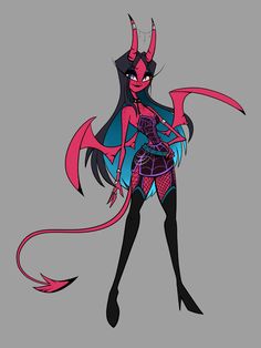 a drawing of a demon with pink hair and blue eyes, standing in front of a gray background