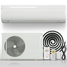 an air conditioner and other items are displayed on a white surface with black accents