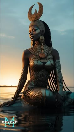 a woman sitting on top of a body of water wearing an elaborate headdress