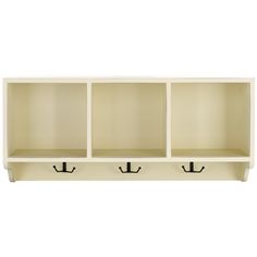 a white shelf with three open shelves and two black hooks on the bottom one is empty