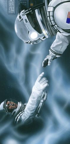 an astronaut floating in the water with his hand on another person's face,