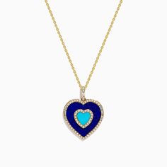 Novelty 14K Yellow Gold Lapis, Turquoise and Diamond Heart Pendant Blue Luxury Necklace For Valentine's Day, Luxury Blue Jewelry For Valentine's Day, Luxury Blue Heart-shaped Necklace, Blue 14k Gold Heart Pendant Jewelry, Turquoise Heart-shaped Wedding Jewelry, Turquoise Heart Wedding Jewelry, Blue Heart Beads Jewelry For Anniversary, Blue Double Heart Jewelry For Valentine's Day, Elegant Turquoise Heart-shaped Jewelry