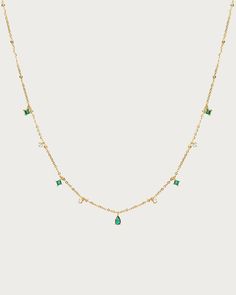 Green Elysee Dangle Necklace is made of gold plated brass, cubic zirconia, delicate style and fashion design, You deserve it! Materials: 18k gold plated brass, green and white cz stone Measurements: 15"/385mm in length, plus 1.2"/30mm in width Greece Necklace, Dressy Jewelry, En Route Jewelry, Dangle Necklace, Cherry Earrings, Romantic Jewellery, Dangle Necklaces, Clover Necklace, Green Jewelry