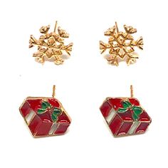 Bundle Of 2 Pairs Christmas Themed Stud Earrings, Both Nwt - 1 Pair Red Gift Boxes With White Ribbons And Green Bows (Enamel) 10mm X 11mm These Are 2d But Give The Illusion Of 3d Due To The Angle. - 1 Pair Gold Tone All Metal Snowflakes 10mm Diameter Red Earrings For Winter Gift, Winter Gift Red Jewelry, Winter Season Red Jewelry Gift, Red Jewelry For Winter Gifts, Metal Snowflakes, Gem Drop Earrings, Marcasite Earrings, Dior Earrings, Red Gift Box