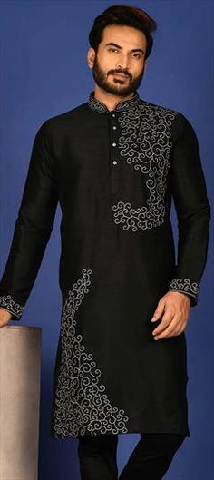 Black and Grey color Kurta in Art Silk fabric with Thread, Zari work Festive Black Kurta With Printed Motifs, Black Kurta With Printed Motifs For Festivals, Black Long Sleeve Kurta With Printed Motifs, Black Printed Cotton Kurta, Cotton Black Kurta For Festivals, Black Cotton Kurta For Festivals, Party Wear Kurta, Zari Work, Thread Work