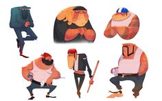 an image of some cartoon characters with different poses and body shapes, including one man holding a baseball bat