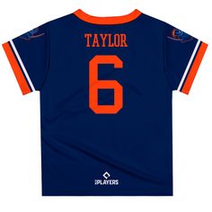 an orange and blue baseball jersey with the number six on it