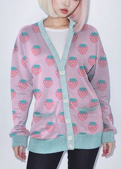 Pink Strawberry Kawaii Fleece Cardigan - In Control Clothing Kawaii Cardigan, Strawberry Kawaii, Goth Skirts, Fairy Kei Fashion, Plus Size Kawaii, Kawaii Outfits, Kei Fashion, Fleece Cardigan, Kawaii Clothing