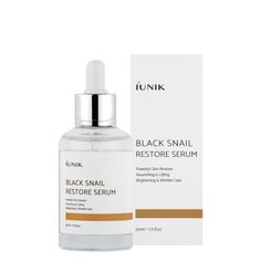 IUNIK Black Snail Restore Serum is an anti-aging serum that fights off wrinkles while nourishing your skin in the process. The highly concentrated serum is formulated with 70% Black Snail Mucin that restores your skin's elasticity and softness. Snail Mucin is known to help promote your skin's natural cell regeneration for a clearer and smoother complexion.åÊThis soothing serum also combines Centella Asiatic andåÊ5 Black Super Foods ingredients (black beans, black rice, black sesame, kelp and eggplant) that are rich in antioxidant benefits. The combination of these powerful ingredients helps to keep the skin looking youthful by repairing and healing damaged skin and smoothing our wrinkles for a flawless complexion.åÊ Key Points: Contains 5 Black Super Foods Anti-ageing serum Promotes cell t Snail Mucin, Blueberry Fruit, Super Foods, Aging Serum, Black Rice, Cell Regeneration, Licorice Root Extract, Black Sesame, Licorice Root