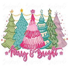 christmas trees with merry and bright lettering on the bottom, in pink and green colors