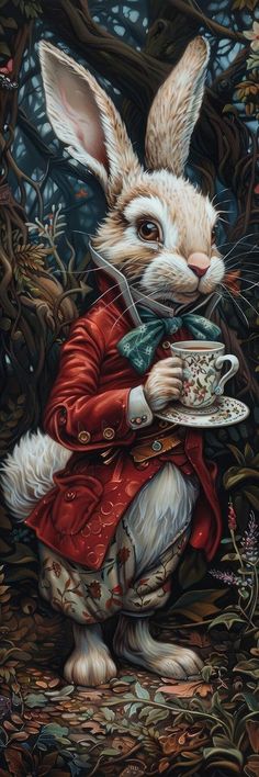 a painting of a rabbit holding a tea cup