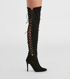 Steal the scene in these sassy over-the-knee boots featuring a trendy pointed-toe. stiletto heel. side bungee lace-up sides. and inner zipper closure. composed of smooth faux suede material. Complete the look in a short dress for a night on the town!Fit & Features Pointed-toe Stiletto heel Side bungee lace-ups Inner zipper closure Over-the-knee shaft length Faux suede material Runs true to size Black Lace-up Knee-high Boots, Black Knee-high Laced Boots, Black Fitted Lace-up Knee-high Boots, Black Synthetic Knee-high Boots For Party, Black Synthetic Lace-up Knee-high Boots, My Scene, Ribbed Mini Dress, Suede Material, Silver Dress