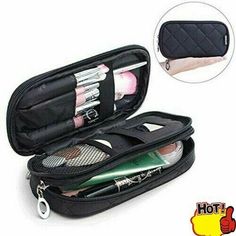 an open makeup bag with various items inside