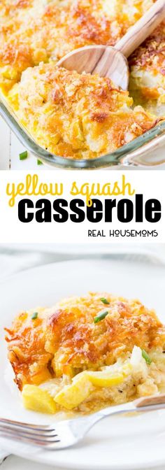 an egg casserole with cheese and vegetables in it on a white plate next to a wooden spoon