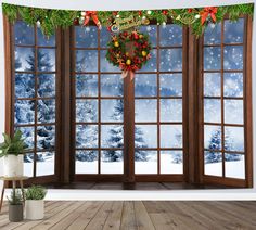 an open window with christmas decorations on it