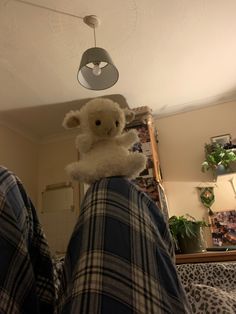 a teddy bear sitting on someone's leg in the middle of a room with plants