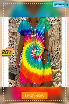 Women's Shift Dress Midi Dress Rainbow Short Sleeve Rainbow Print Spring Summer V Neck Casual S M L Xl Xxl 3xl Colorful V-neck Mini Dress, Multicolor Shift Mini Dress With Short Sleeves, Casual Multicolor Shift Mini Dress, Casual Colorful V-neck Dresses, Casual Multicolor Knee-length Mini Dress, Midi Shift Dress, Womens Shift Dresses, Rainbow Tie, Rainbow Print