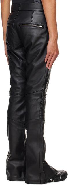 Grained leather pants. · Paneled construction · Integrated cinch belt · Four-pocket styling · Piping at at front · Padding at knees · Quilted panel at legs · Zip vent at cuffs · Partial stretch satin lining Supplier color: Black Biker Bottoms Straight Leg For Motorcycling, Biker Style Straight Leg Bottoms For Motorcycling, Biker Straight Leg Bottoms For Motorcycling, Biker Pants With Pockets For Motorcycling, Leather Pants With Belt Loops For Streetwear, Black Motorcycle Bottoms With Belt Loops, Fitted Motorcycle Pants With Pockets, Biker Pants With Belt Loops And Straight Leg, Fitted Moto Bottoms With Pockets