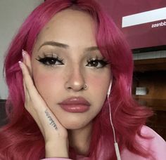 #aesthetic #hair Pink Hair Makeup Looks, Pink Hair Pink Makeup, Light Pink Hair Tan Skin, Makeup With Pink Hair, Costumes For Pink Hair, Burgundy Hair Makeup Looks, Latina With Pink Hair, Creative Hair Dye, Aesthetic Pink Hair