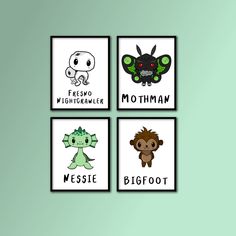 four posters with different types of animals on them in black, white and green colors