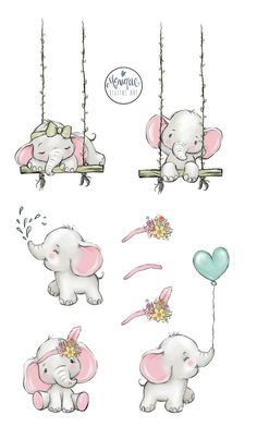 some elephants are hanging on strings with hearts and flowers in their trunk, one elephant is holding