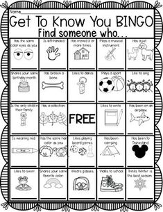 a printable game for kids to play with the words, get to know you bingo and