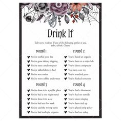 Halloween Bachelorette Bash Drinking Game Card Printable by LittleSizzle Gothic Hen Party, Halloween Bachelorette Party Ideas, Bride Or Die Bachelorette Theme, Spooky Bachelorette Party, Halloween Drinking Games, Bachelorette Drinking Games, Drink If Game, Halloween Bachelorette Party, Bachelorette Party Drinks