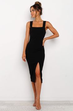 Hyatt Dress - Black Sleek Bodycon Midi Dress With Straight Neckline, Elegant Mid-length Bodycon Dress For Night Out, Summer Mid-length Bodycon Dress For Night Out, Elegant Midi Dress For Date Night, Spring Knee-length Midi Dress With Split Design, Chic Bodycon Midi Dress With Square Neck, Spring Midi Dress With Split Design For Date Night, Summer Party Midi Dress With Split Hem, Chic Summer Midi Dress With Split Hem